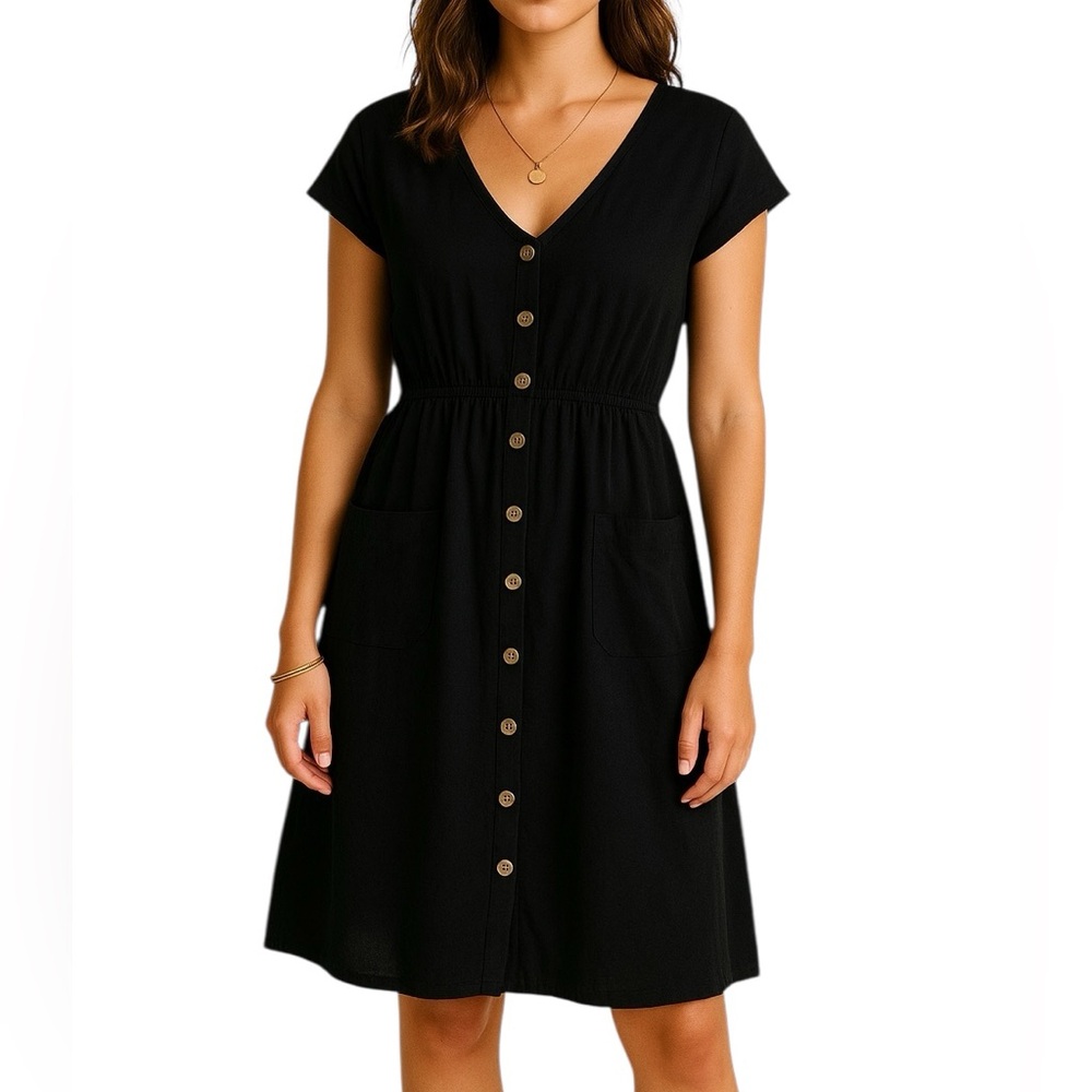 Black Button-Front Dress | Size M | Minimalist Style w/ Pockets